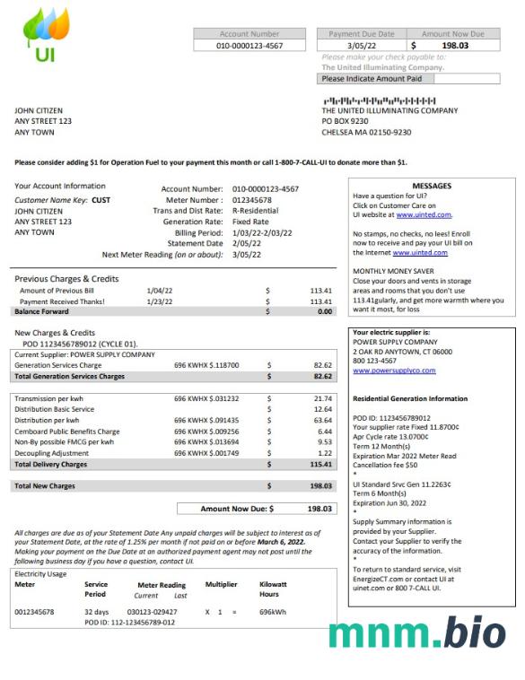 USA Massachusetts Chelsea UI United Illuminating Firma rachunek za media Word i PDF template